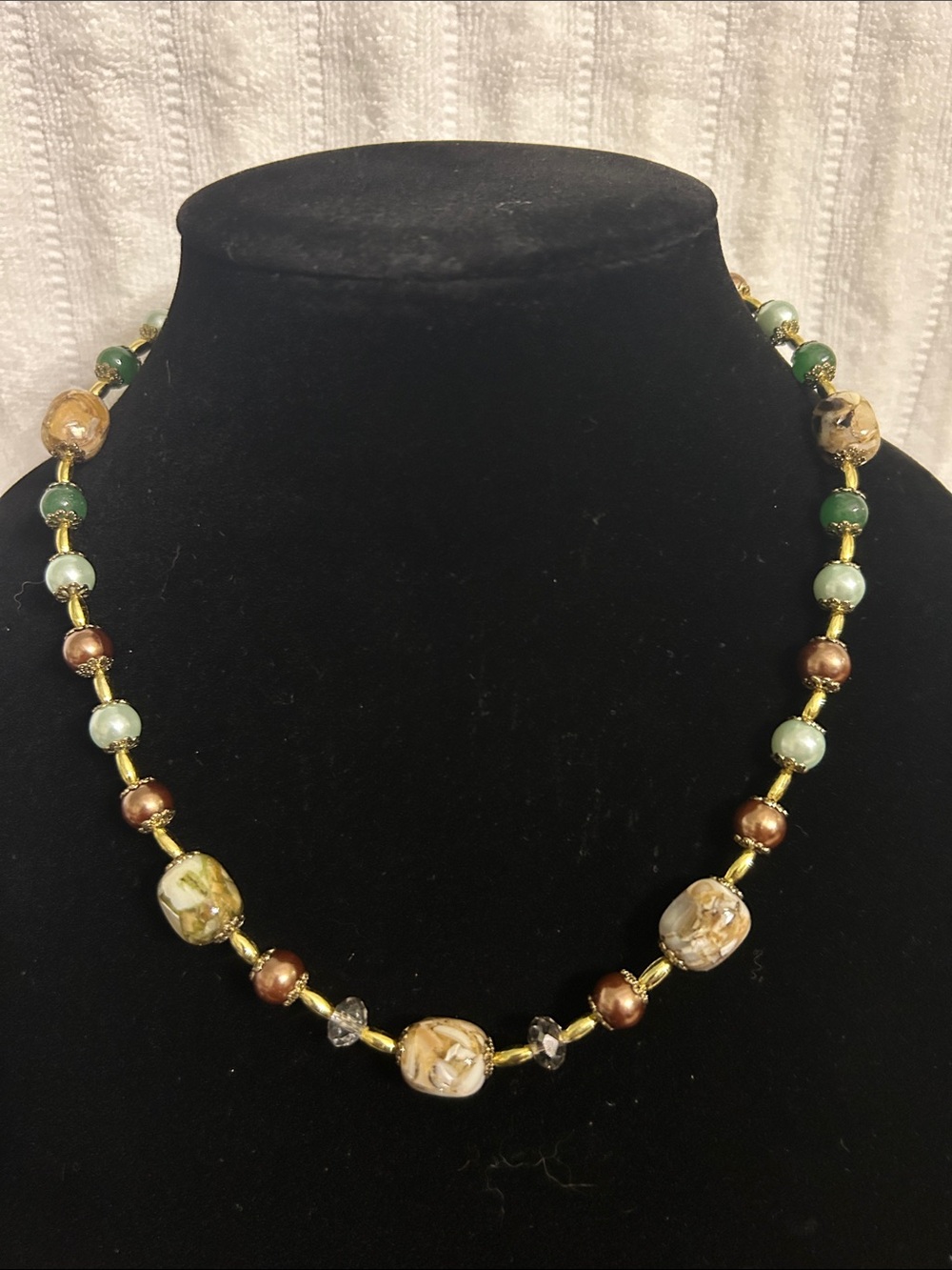 Gold-Tone Beaded Necklace with Green and Brown Accent Beads